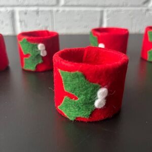 6 Napkin Rings Holly Berry Vintage Handmade Felt Table Decorations Christmas